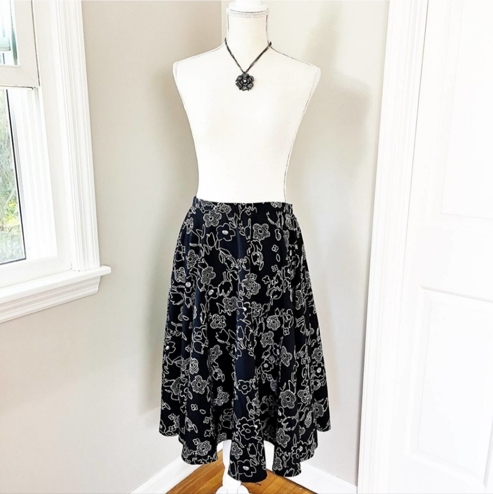 Modcloth Ikebana For All A-Line Black & White Floral High Waisted Midi Skirt